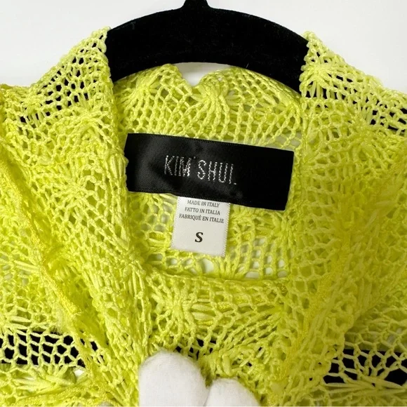 KIM SHUI Exclusive Asymmetrical Sheer Crochet Turtleneck Top Neon Yellow Size S - Picture 9 of 12